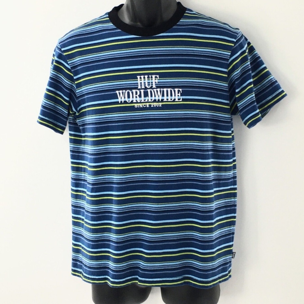 HUF Mens Striped T Shirt Blue Green Crewneck Worldwide Embroidered Sz S